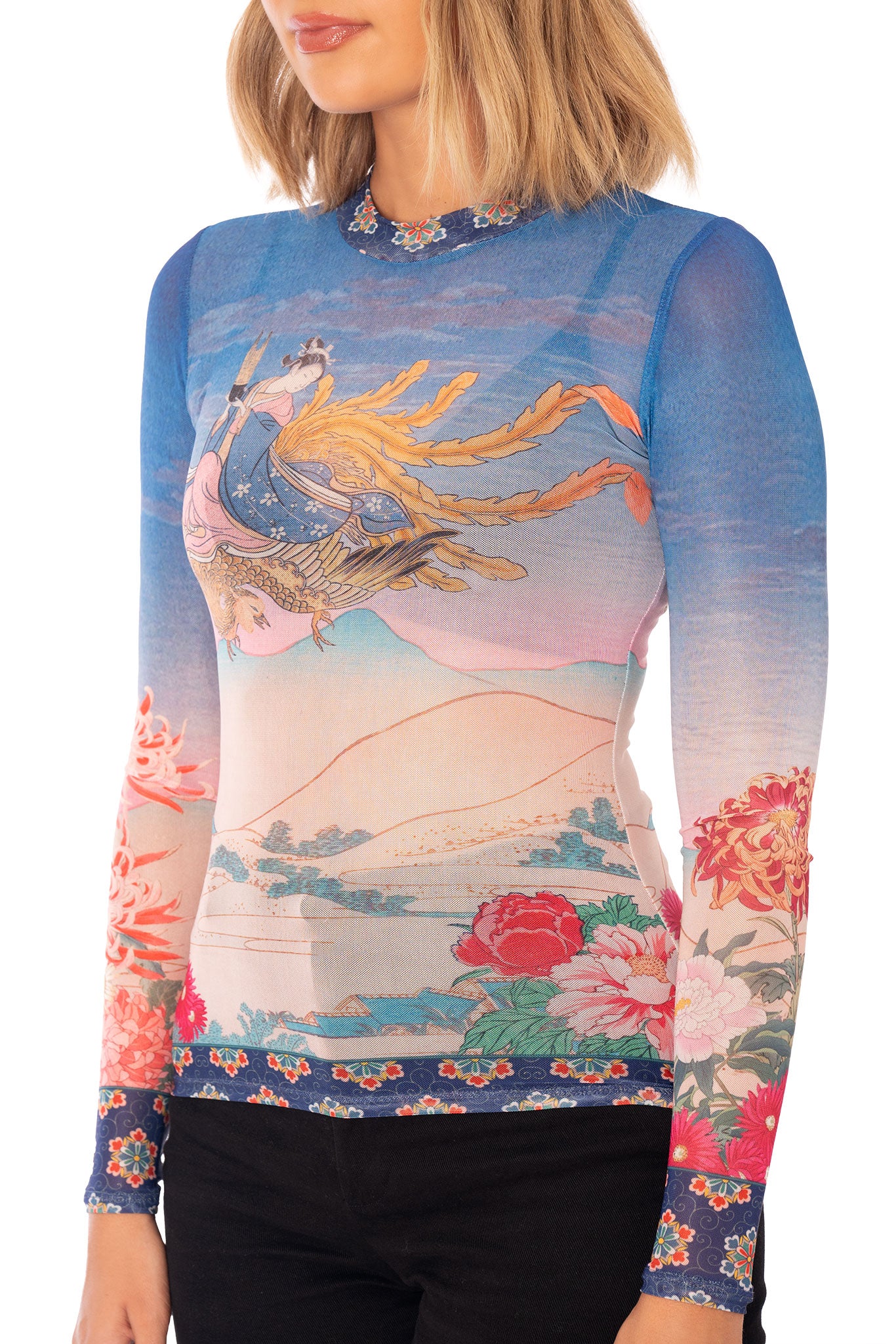 Golden Phoenix Sheer High Neck Long Sleeve Top - Image 3